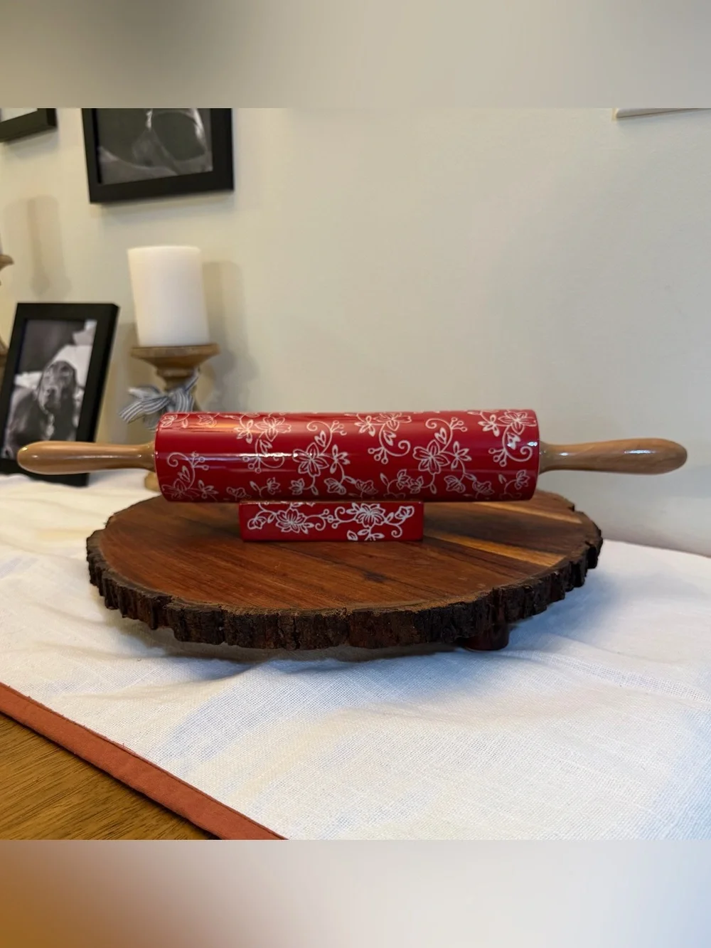 Temp-tations Floral Lace Red Ceramic Rolling Pin & Stand by Tara Discontinued